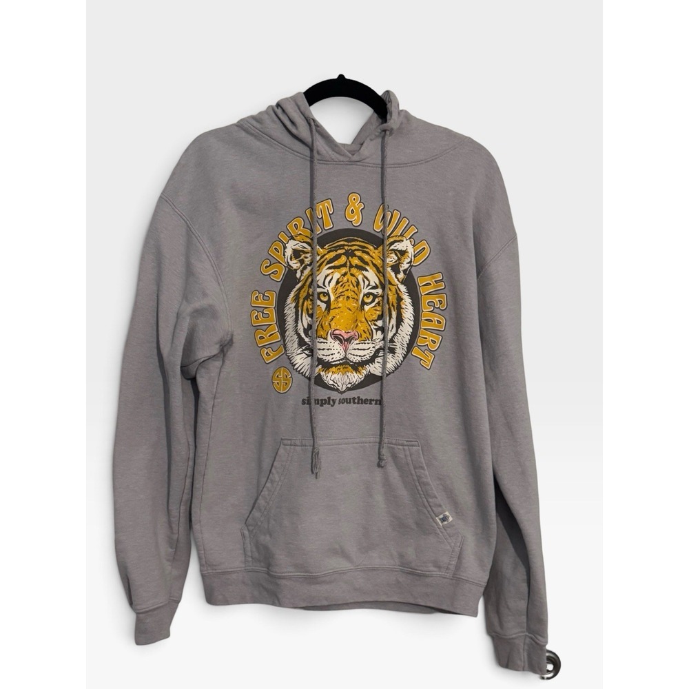 Simply Southern Collection Women Large Gray Tiger Graphic Hoodie Pullover